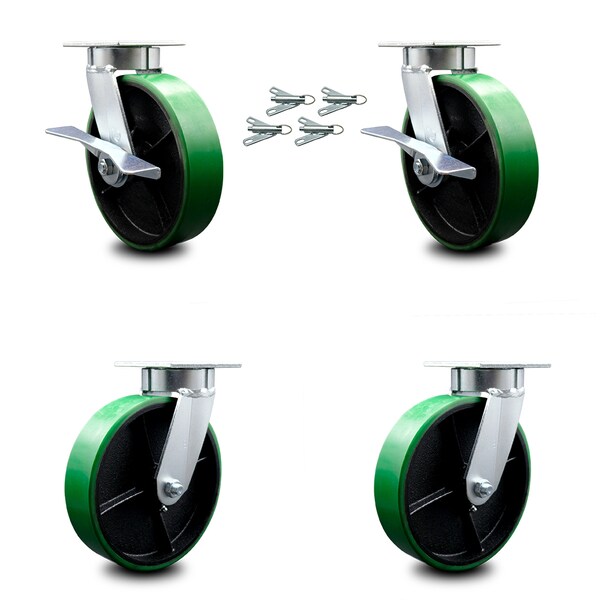 Service Caster 8 Inch Kingpinless Green Poly on Steel Wheel Caster Swivel Locks 2 Brakes, 4PK SCC-KP30S820-PUR-GB-SLB-BSL-2-BSL-2 - main